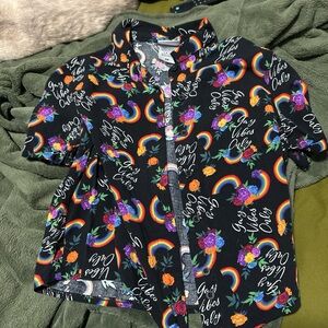 Vibrant Rainbow Button Down Shirt with Rainbow and Floral Print